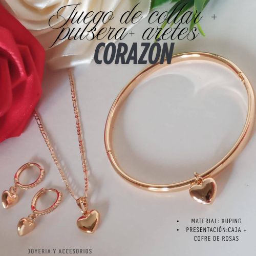 JUEGO DE COLLAR + PULSERA + ARETES CORAZON